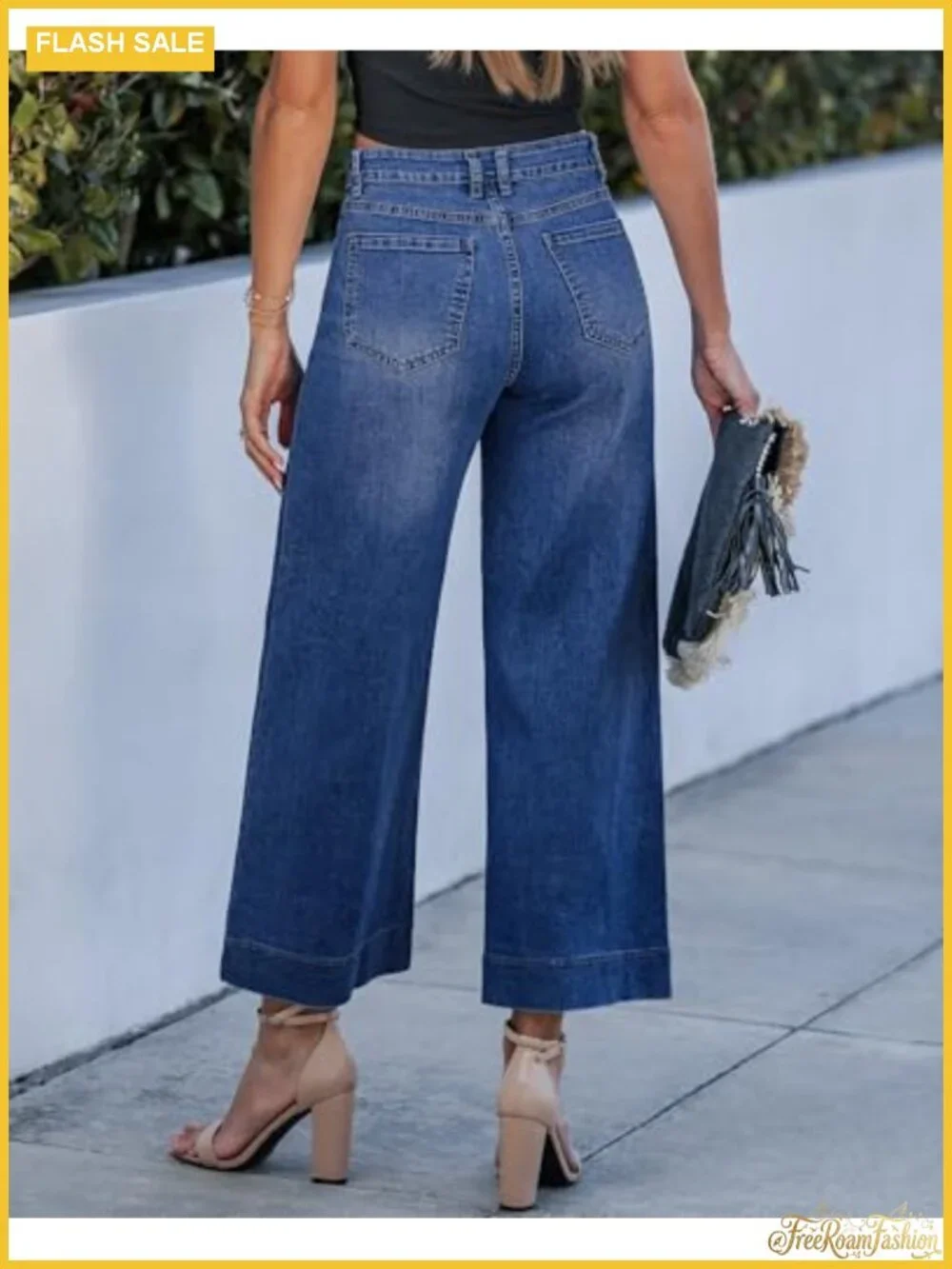 Wide Leg High Waisted Cropped Stretch Denim Pants Women's 27